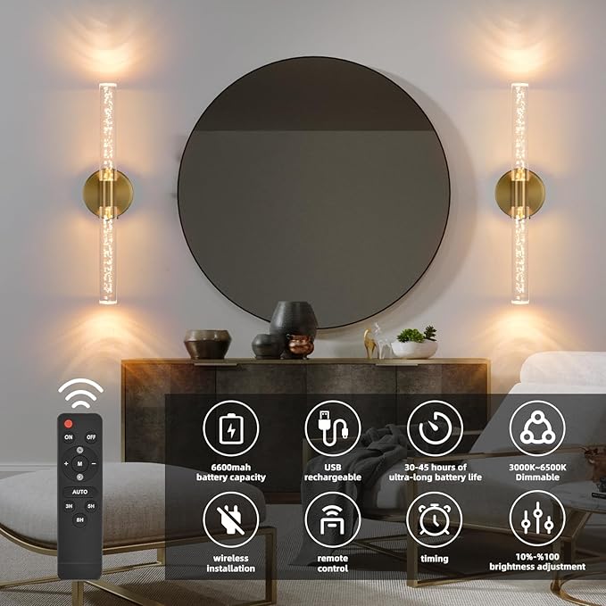 Battery Operated Wall Sconces Set of Two, Gold 20'' Rechargeable Crystal Bubble Wall Sconce with Remote Control, 3000K-6000K Dimmable LED Wireless Wall Lights for Living Room Bedroom Bathroom Hallway