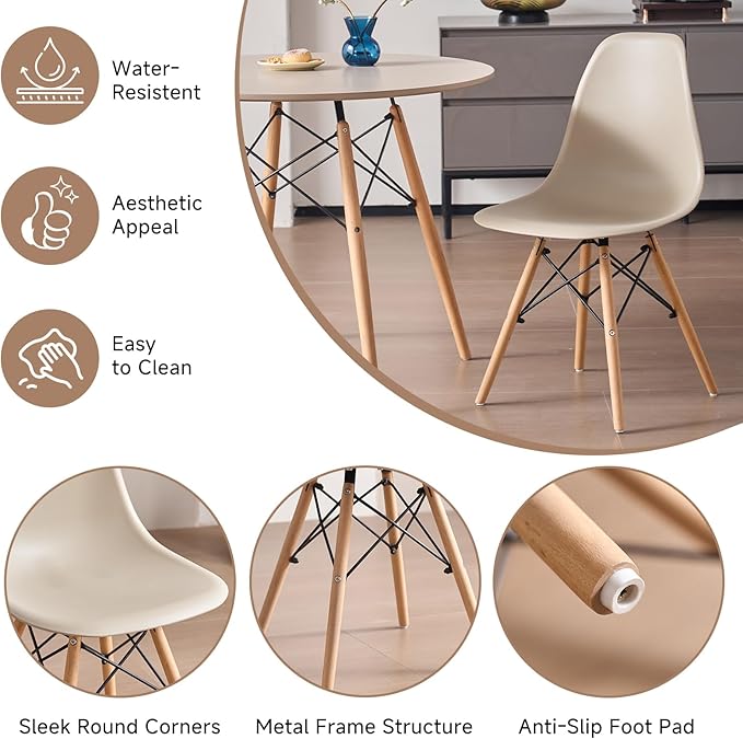 31.5'' 5 Piece Round Dining Table Set for 4, Mid-Century Modern Table with Chairs, Space Saving, Plastic Seats, Wood Legs, Circle Dinner Table for Kitchen, Home, Apartment, Khaki