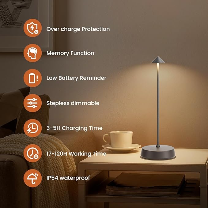 Cordless Table Lamp Rechargeable, Battery Operated 6000mAh Desk Lamp Touch Dimmable Lamp Outdoor Waterproof Portable Wireless Table Light, Small Table Lamp for Restaurant Bar/Outdoor (Gray-2PC)