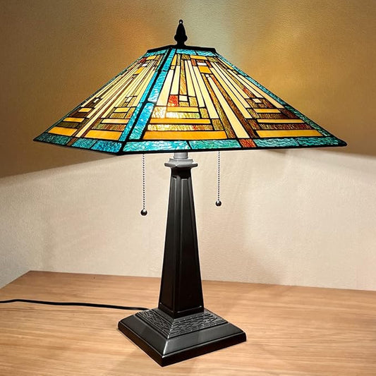Tiffany Table Lamps,16" Green Handcrafted Stained Glass Desk Lamp for Reading,2-Lights Mission Style Antique Nightstand Beside Light for Living Room Bedroom Office