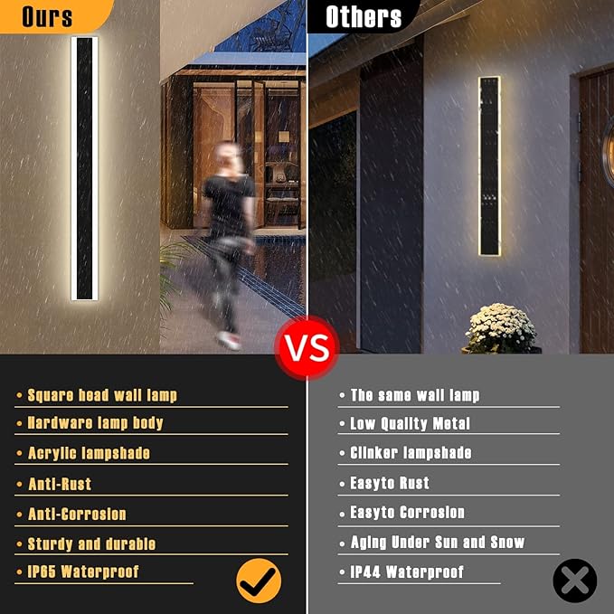 Modern 23.6inch Outdoor Wall Light, 3000k/4500k/6000k 3 Color Change Black Exterior Light Fixtures Wall Mount, Ip65 Waterproof Modern Porch Lights Non-Dimmable, Long Linear Outside Lighting Hard-Wired