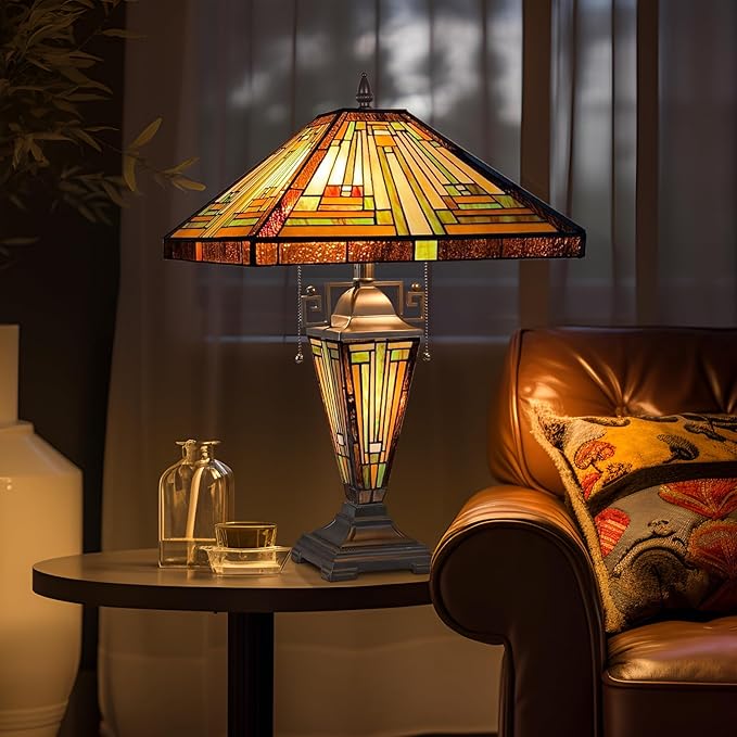 Capulina Tiffany Lamp Stained Glass Table Lamp, Mother-Daughter Vase 3-Light,16X16X24 Inches Amber Brown Mission Tiffany Style Desk Reading Lamp for Living Room Bedroom Study Home Office