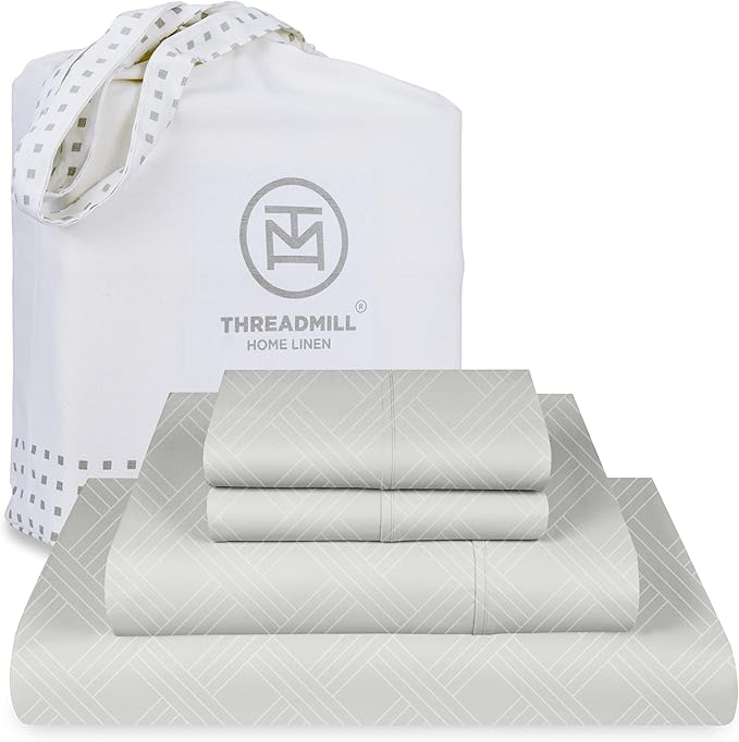 Threadmill Luxury Full Size Sheets for Full Size Mattress | 800 Thread Count Cotton Sheets | Jacquard Celine Light Grey | Better Than Egyptian Cotton| 4 Pc Bed Sheets | with Elasticized Deep Pocket