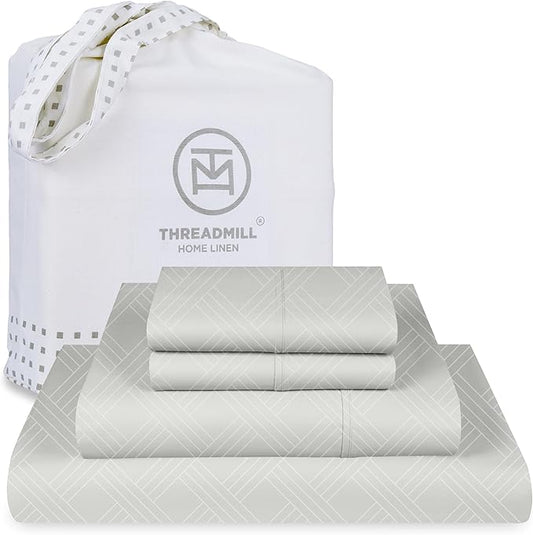 Threadmill Luxury Full Size Sheets for Full Size Mattress | 800 Thread Count Cotton Sheets | Jacquard Celine Light Grey | Better Than Egyptian Cotton| 4 Pc Bed Sheets | with Elasticized Deep Pocket