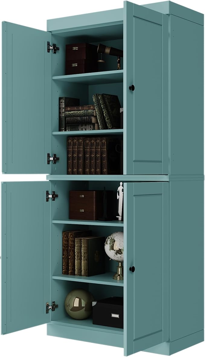 Palace Imports Solid Wood Bookcase - 6-Shelf Tall Bookshelf, 71.5” H x 32” W - Aqua, Wooden Cabinet Doors, Adjustable Shelves, 100% Renewable Eco-Friendly Wood, Made in Brazil