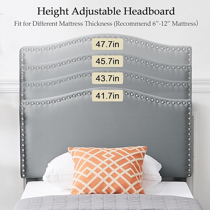 VECELO Twin Bed Frame Platform Bed Frame with Upholstered Headboard, Strong Frame and Wooden Slats Support, Strong Weight Capacity, Non-Slip and Noise-Free, Easy Assembly,Grey