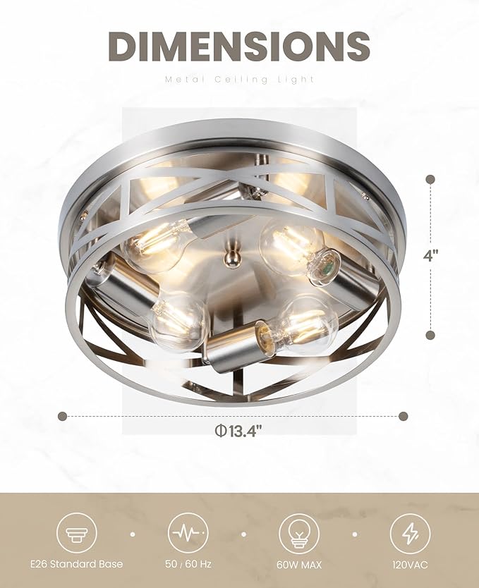 Brushed Nickel Flush Mount Ceiling Light Fixtures,4-Light Modern Hallway Light Fixtures Ceiling, Brushed Nickel Light Fixture Ceiling Mount for Farmhouse,Kitchen, Bedroom 2 Pack