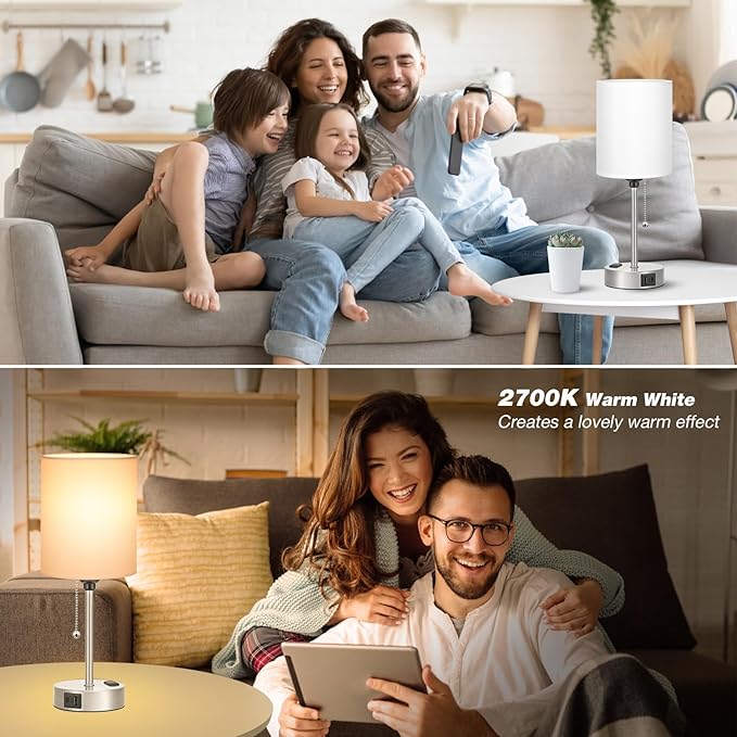 Dicoool White Bedside Lamp for Bedroom - 3 Color Temperatures Desk Lamp with USB C and A Ports, Pull Chain Table Lamp with AC Outlet, Nightstand Lamp with Silver Metal Base for Kids Girls