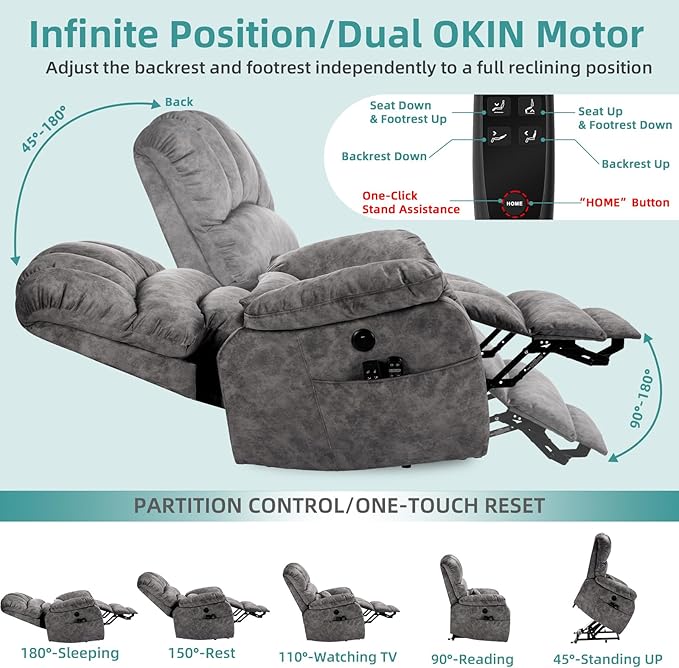 MEETWARM Large Dual Motor Power Lift Chair with Extended Footrest for Big Tall Elderly, Infinite Position Lay Flat Lift Electric Recliner, Heat Massage, Lumbar Pillow, USB & Type-C Ports, Plush Gray