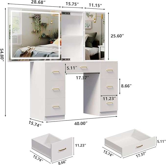 Vanity Desk with Lighted Mirror and Charging Station&Glass Tabletop, Sliding Mirror Makeup Vanity Table, Dressing Table with Hidden Storage Cabinet, Brightness Adjustable(Glass Tabletop-No Stool)