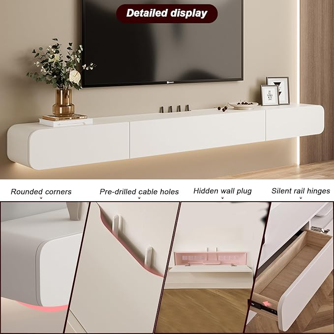 FPIGSHS Wall Mounted Media Console with 2 Drawers Solid Wood Floating TV Stand Hanging TV Shelf Entertainment Center TV Cabinet, for Home Office (A, 220CM/86.6IN)