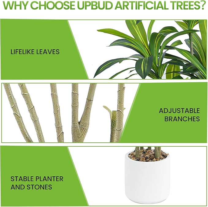 Artificial Dracaena Tree 6FT Tall, Realistic Faux Indoor Floor Plant for Home & Office Decor, White Round Planter with Decorative Stones – UPBUD