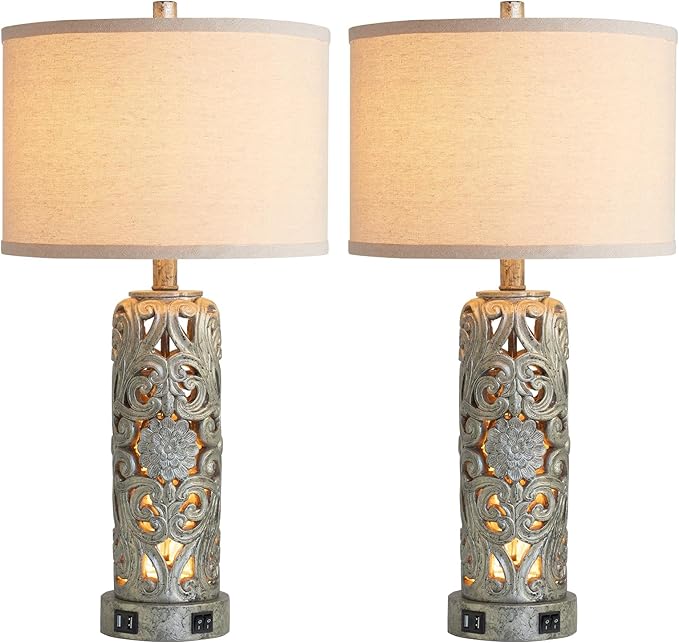 25'' Set of 2 Industrial Table Lamps for Living Room with Dual USB Ports, Vintage Resin Nightstand Lamp for Bedroom with Nightlight, Antique Rustic Desk Lamp for Entryway, 2 Bulbs Included