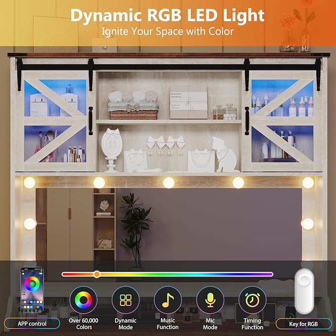 Farmhouse Makeup Vanity with 9 Drawer, Vanity Desk with Mirror and Lights 3 Colors, 75.2" Large Vanity with 2 Sliding RGB Barn Door,Storage Shelves,Power Outlets for Bedroom,Antique White