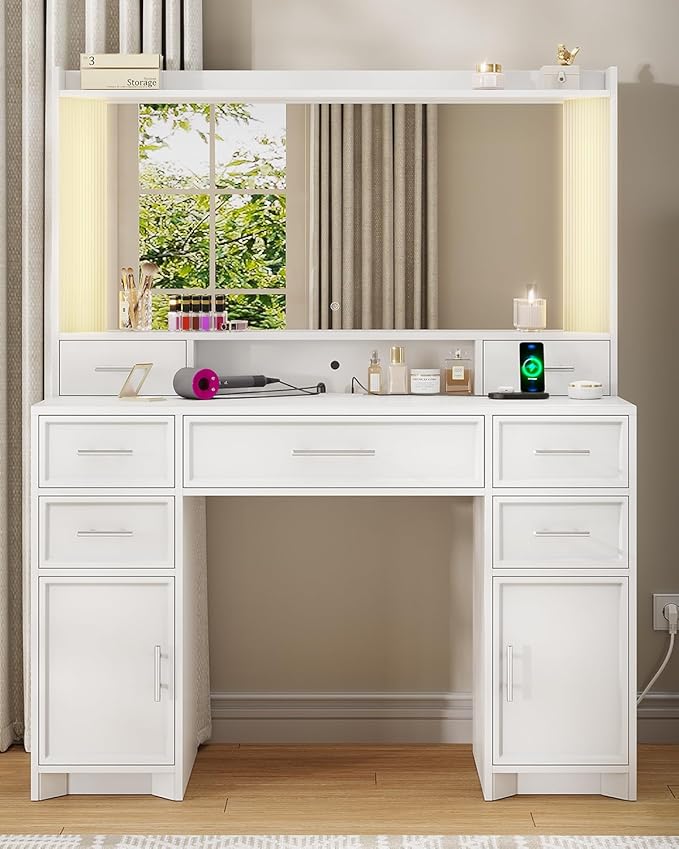 AOGLLATI Vanity Desk with Mirror and Lights, Makeup Vanity Desk with Lights, Large Mirror with Charging Station and 3 Color Lightbox, White Vanity Table with 7 Drawers for Bedroom, White