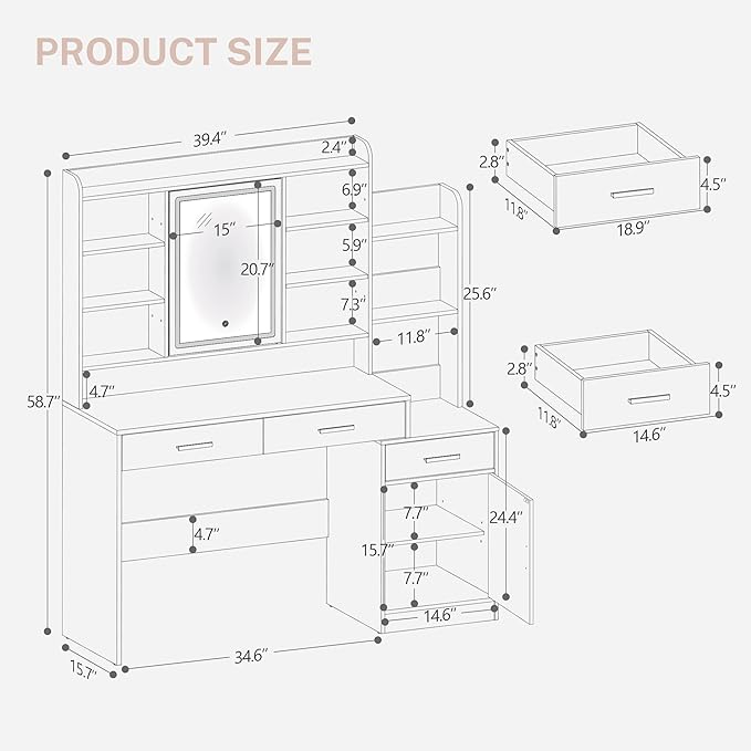 39.3'' Vanity Desk with HD Mirror and Lights, Makeup Vanity with Power Strip, DressingTable with Bedside Table, 3 Drawers and 9 Storage Shelves, Storage Behind The Mirror, White