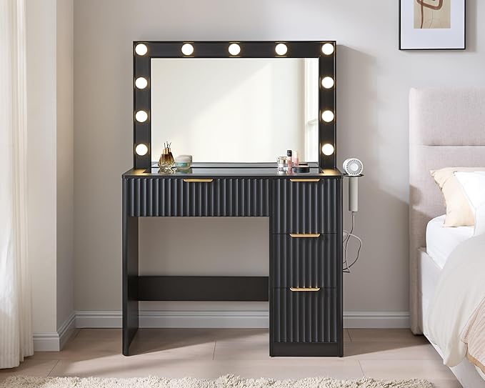 AMERLIFE 36.2" Fluted Vanity Desk with Large Mirror and Adjustable LED Lights, 4 Drawers Makeup Table with Glass Top and Charging Station for Women and Girls, Bedroom or Dorm, Black