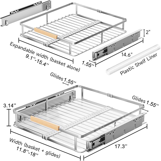 1Pack Expandable Pull Out Cabinet Organizer, Slide Out Drawers for Kitchen Cabinets, Heavy Duty Drawer Slides for Home Kitchen Pantry Cupboard Pots Pans, Adjustable Width 11.8"~18" W x 17.3''D