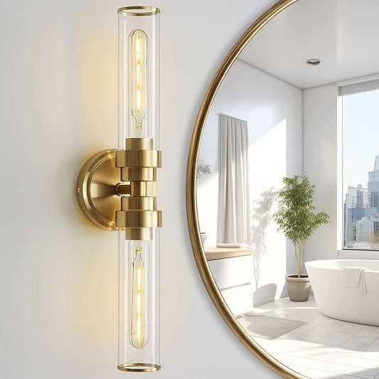 Bathroom Light Fixtures, Gold Wall Sconce in Clear Glass Vanity Lights, Modern Bathroom Vanity Light Up and Down Sconces Wall Lighting for Living Room, Hallway, Bedroom - Bulb Not Included