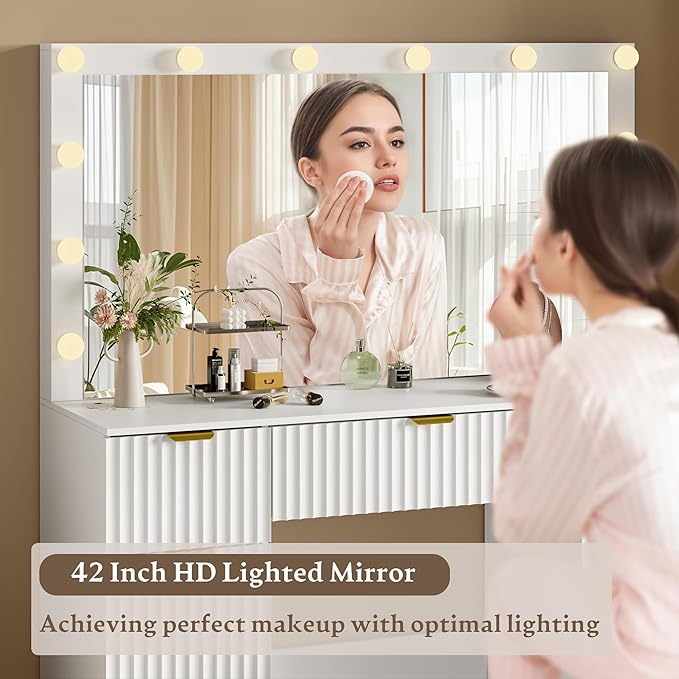 Vanity Desk with Large 42" Mirror and Lights, White Fluted Makeup Table Set with Storage Drawers, Power Outlet & Stool, 3 Lighting Modes & Adjustable Brightness, Dressing Table for Women Girls Bedroom
