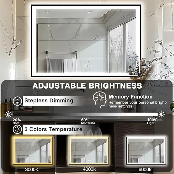 55x40 Bathroom Mirror with LED Lights - Black Framed, Front and Backlit Mirror, Anti-Fog LED Vanity Mirror, 3 Colors and Dimmable Mirror, Waterproof, Corrosion Proof (Horizontal/Vertical)