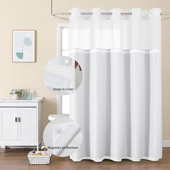 Colorful Star No Hook Shower Curtain with Snap in Fabric Liner, Waffle Weave Heavy Duty Thick Shower Curtains with Mesh Top Window, Hotel Style Waterproof Bathroom Curtain Set, 72 x 87 Inch, White