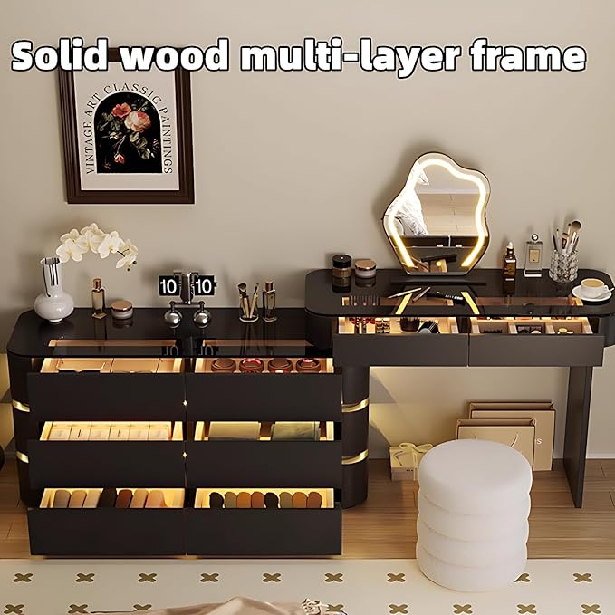 Makeup Vanity Desk with Storage Drawers, Solid Wood Glass Top, Lights Desk and Chair, Easy Installation (Black 2 Drawers, 31.5”)