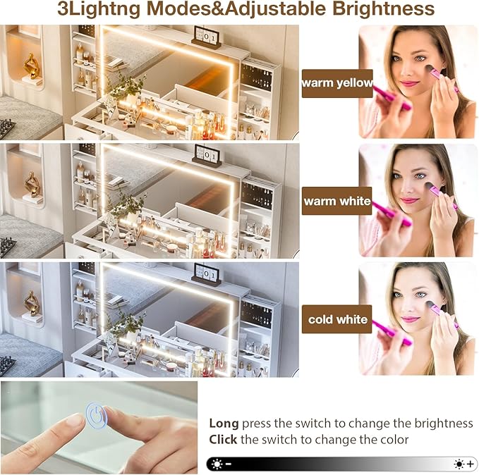 Makeup Vanity Desk with Large Mirror and Lights,White Vanity Table with Glass Top,9 Drawers,3 Color Modes,Sliding 2 Wall Mounted Jewelry Storage Racks,Suitable for Bedroom Ladies and Girls