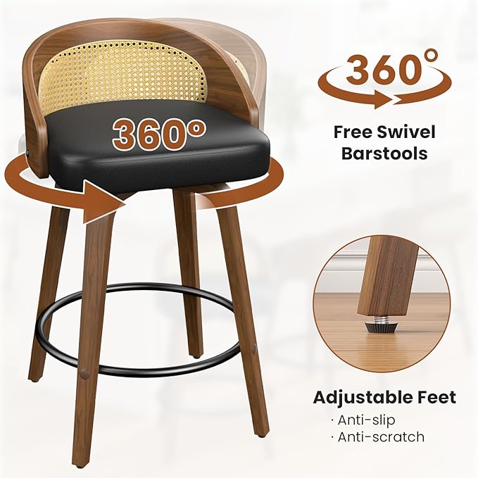 Rattan Bar Stools Set of 6, 26" Swivel Counter Height Bentwood Barstool, Mid-Century Modern PU Leather Upholstered Bar Chair with Back and Footrest, for Kitchen Island, Bar, Dining Room, Cafe