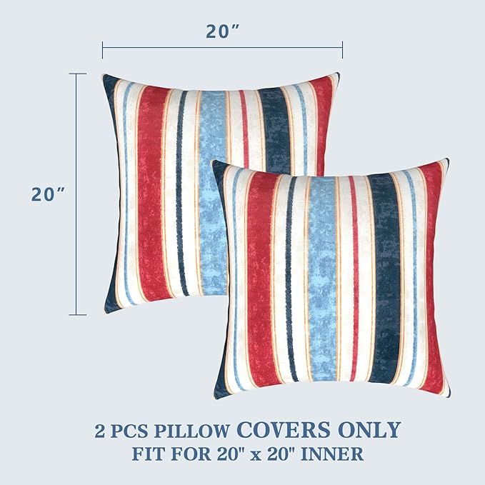 LVTXIII Outdoor Throw Pillow Covers 20 x 20 Inch, Covers ONLY Modern Cute Pattern Decorative Square Toss Pillow Case Pack of 2 for Home Patio Garden Sofa Bed Furniture, Stripe Red Blue
