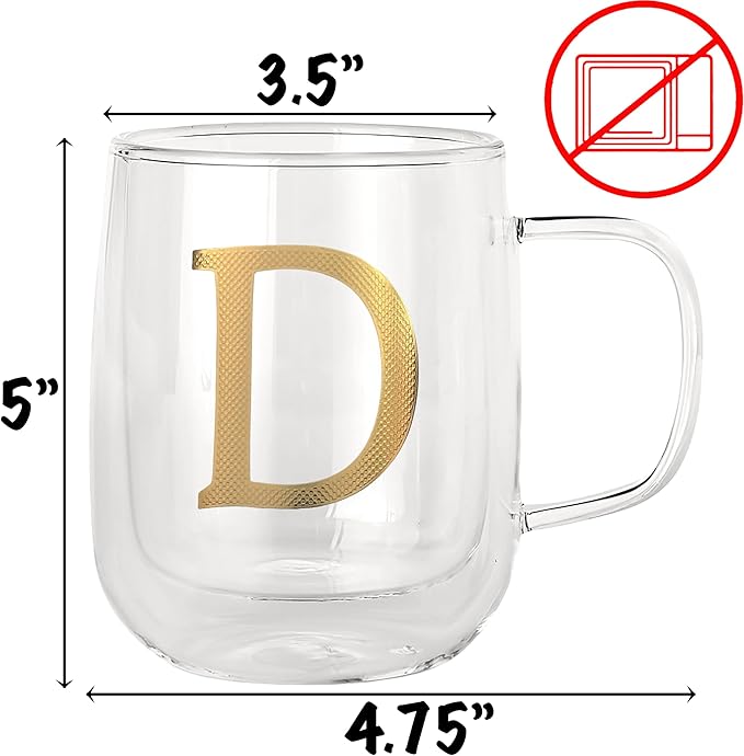 COLLECTIVE HOME - Double Walled Glass Coffee Mugs, Insulated Coffee Mug with Handle, Personalized Gifts for Women, Men, Christmas, 14 oz Monogram Cups (D)