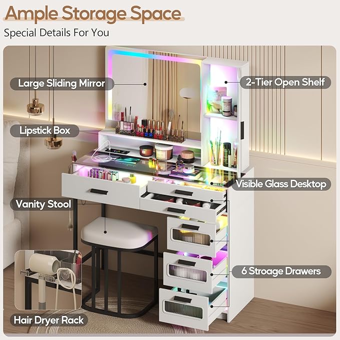 RGB Vanity Desk with Mirror and Lights, Glass Top Makeup Vanity with 6 Drawers & Wireless Charging,Vanity Table Set with RGB Cabinet Light and Jewelry Box, for Girls Bedroom, White