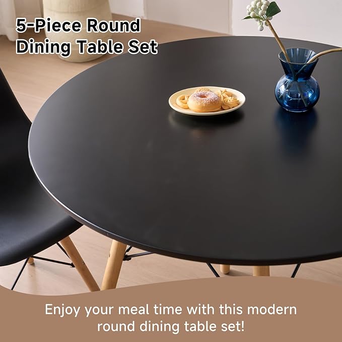 35.5'' 5 Piece Round Dining Table Set for 4, Mid-Century Modern Table with Chairs, Space Saving, Plastic Seats, Wood Legs, Circle Dinner Table for Kitchen, Home, Apartment, Black