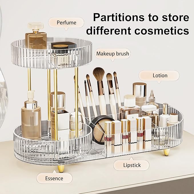DASITON 360° Rotating Makeup Organizer for Vanity, 2 Tier Perfume Cosmetic Skincare Organizers with Makeup Brush Holder, Large Capacity Cosmetic Display Case for Bedroom Bathroom Countertop (Clear)