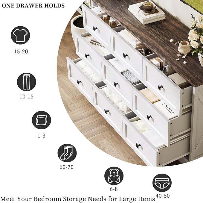 Farmhouse 9 Drawers Dresser Chests for Bedroom, White 9 Drawers TV Stand, Long Wood Dressers Organizer for Closet, Modern Storage Organizer Cabinet for Bedroom, Hallway & Entryway