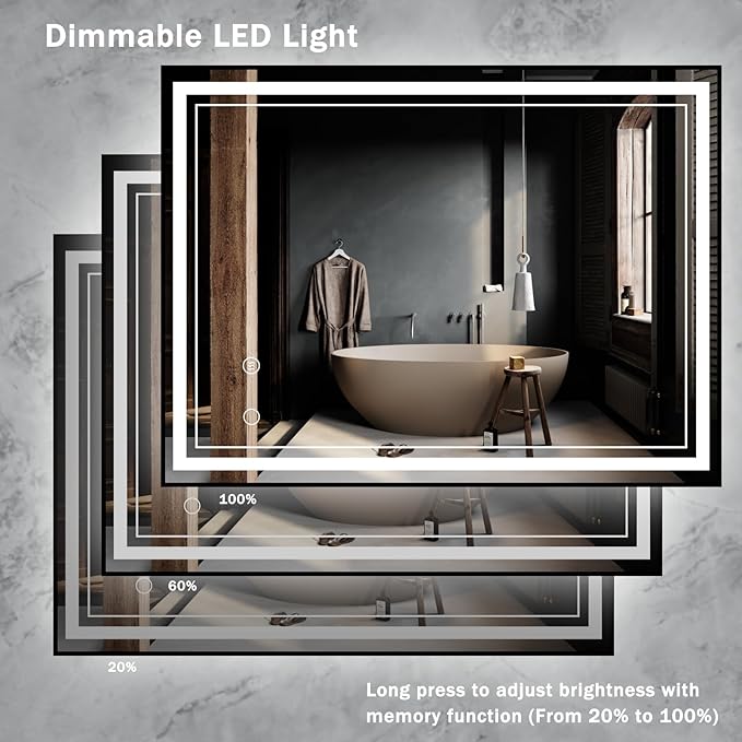 40" x 30" LED Bathroom Mirror with Lights Framed LED Mirror for Bathroom Backlit and Front Lighted Bathroom Mirror Black Square Aluminum Frame Anti-Fog Dimmable Shatter-Proof Memory