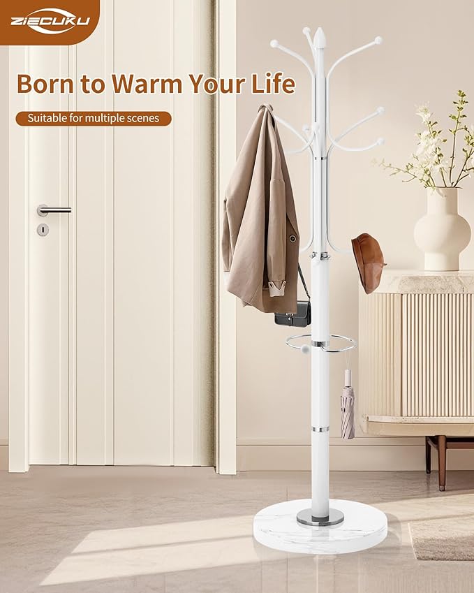 Metal Coat Rack with Natural Marble Base, Coat Rack Stand with 12 Hooks & Umbrella Holder, White Modern Freestanging Coat Racks, Coat Jacket Hanger Tree Stand for Corner Entryway Office