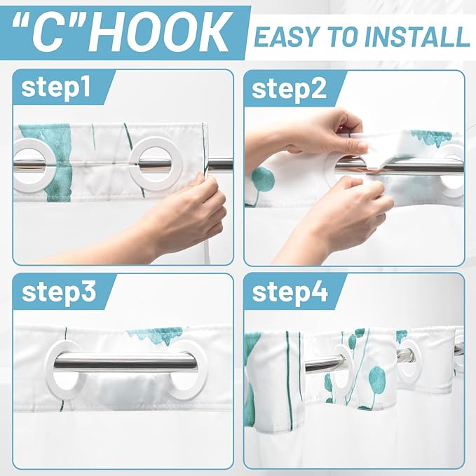 No Hook Shower Curtain with Snap in Liner - Floral Shower Curtain - Fabric Waterproof Inner Liner, Plants Watercolor Seaweed Green Modern Cloth Shower Curtains - Machine Washable, 71 x 74