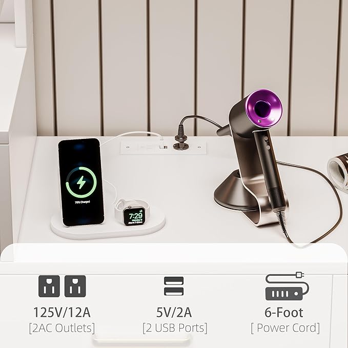 59" Makeup Desk with Drawers & Cabinet & Dresser, White Vanity Table with Drawer Dresser, Large Vanity Table with 8 Drawers, Vanity Desk with Large Mirror and 3-Color Lights for Girls, Dressing Table