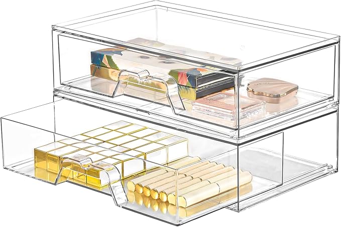 2 Pack Stackable Makeup Organizer, 12.1''L Acrylic Bathroom Organizer and Storage Undersink Drawer, Cosmetics and Beauty Supplies,Clear Plastic Storage Bins for Desk,Cabinet,Kitchen,Vanity,Pantry