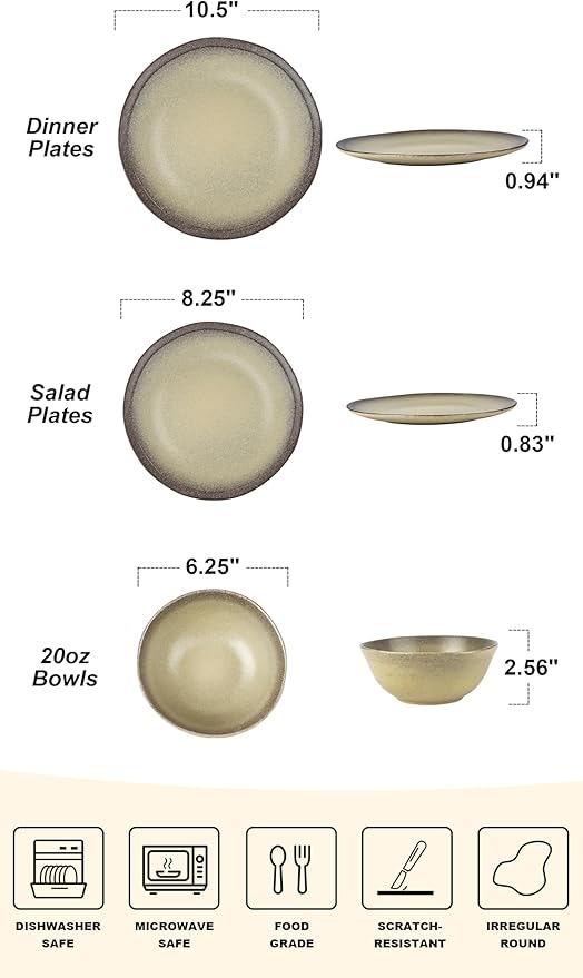 Famiware Aegean Plates and Bowls Sets, Dinnerware Set for 4, 12-Piece Stoneware Scratch Resistant Dinner Set, Handmade Irregular Round Dishes, Microwave and Dishwasher Safe, Matte Grey Green