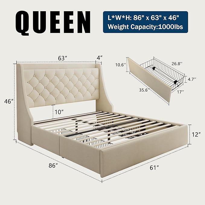 Queen Bed Frame with 4 Storage Drawers, Huge Upholstered Wingback Headboard, Fast Charging Station, No Box Spring Needed, Noise-Free, Beige