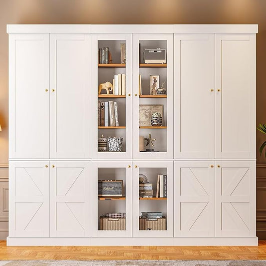 Vyre 70.8" Tall Farmhouse Bookshelf, Modular Bookcase with Glass Doors, 6-Tier Adjustable Shelves, Large Storage Cabinet for Kitchen, Living Room, White, Set of 3