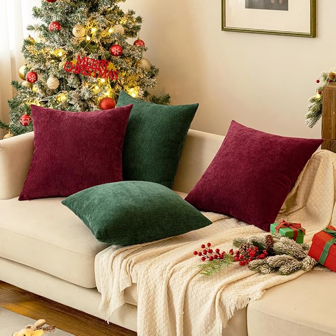 MIULEE Pack of 2 Dark Green Decorative Pillow Covers 18x18 Inch Soft Chenille Couch Throw Pillows Farmhouse Cushion Covers for Home Decor Sofa Bedroom Living Room