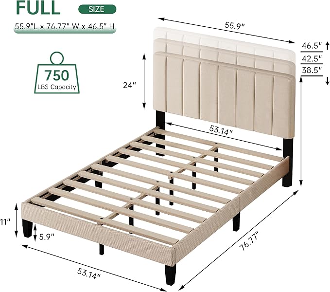 Full Size Bed Frame with Headboard,Fabric Upholstered Platform Bed Frame with Wooden Slats Support,No Box Spring Needed/Non-Slip Without Noise/Easy Assembly, Beige