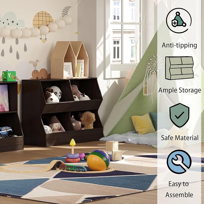 DINZI LVJ Kids Bookshelf, Toy Storage Organizer, Wooden Toy Storage Cabinet, 4 Cubby Children Bookcase, 43.3" L Toddler Book Shelf for Bedroom, Nursery, Hallway, School, Espresso