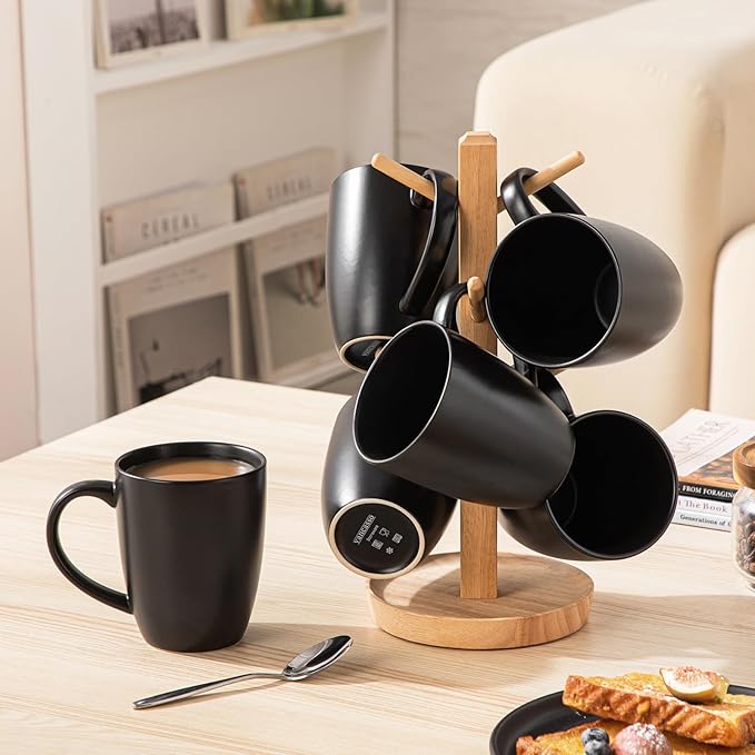 vancasso PLAYA Ceramic Coffee Mug Set of 6, 16 Oz Tea Cups with Handle for Latte, Tea, Cappuccino, Milk, Cocoa, Microwave&Dishwasher Safe, Black