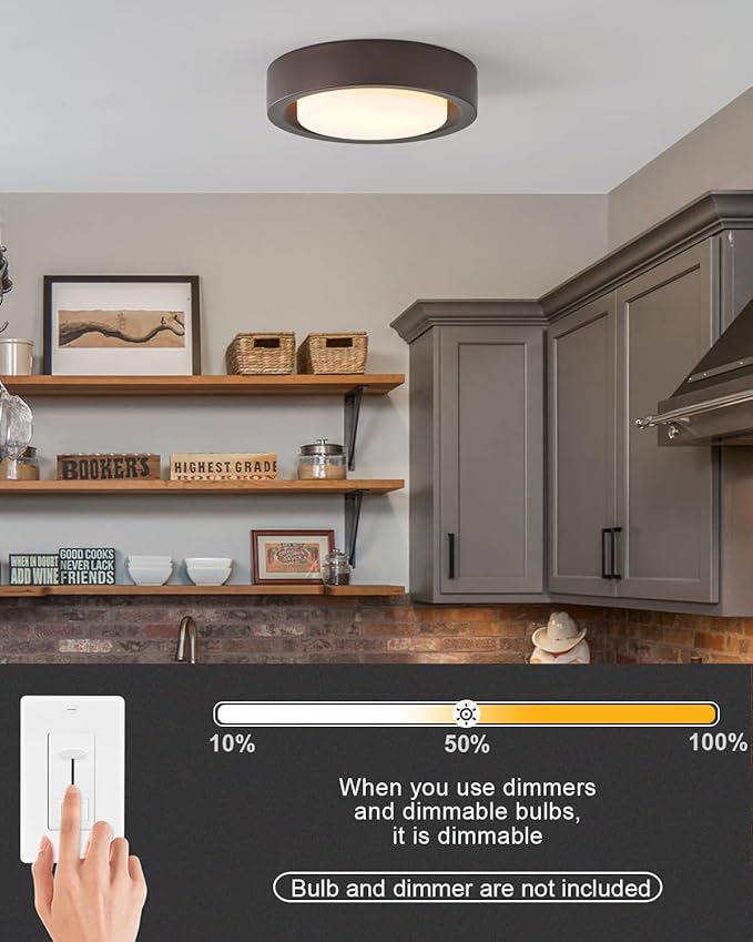 13 Inch Flush Mount Ceiling Light,Oil Rubbed Bronze Finish Plate with Frosted Glass Shade,Round Ceiling Lighting Fixture for Hallway Bedroom Closet Livingroom Kitchen Stairwell (Oil Rubbed Bronze)