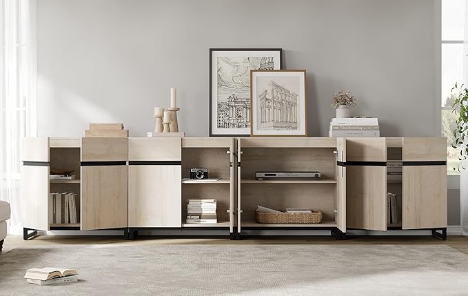 WAMPAT Modern TV Stand for TVs up to 120 inch, 4 in 1 Wood Entertainment Center TV Console Table with Adjustable Shelves and Metal Base for Living Room,Bedroom,Light Oak