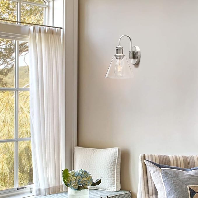 Yosoan 1-Light Brass Modern Vintage Indoor Wall Sconce, Vanity Single Luxury Hardwired Retro Textured Clear Funnel Flared Glass Shade with Industrial Gooseneck Curved Rod Bathroom Lamp(Brushed)